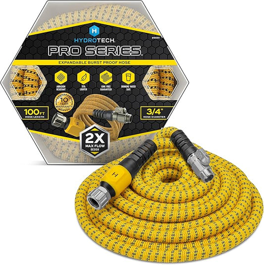 HydroTech 100 ft Expandable Garden Hose - Pro Series, 2x Max Flow, 3/4" No-Kink Flexibility, Lightweight Hose for Lawn, Garden, Car Washing, Deck and Patio Cleaning