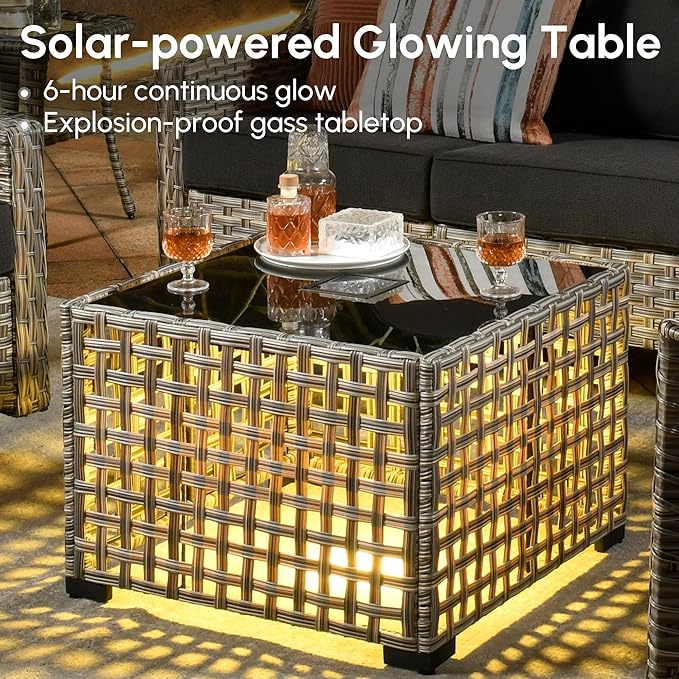 6 Pieces Patio Outdoor Furniture Set,All Weather Wicker Rattan Patio Seating Sofa and Chair Set w/Ottoman and Glowing Coffee Table,Outdoor Conversation Sets for Deck Yard Garden,Black