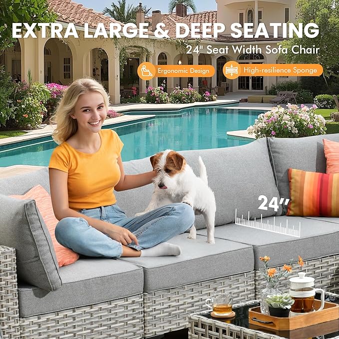 Outdoor Sectional Patio Furniture Set with Swivel Rocking Chairs,10 Pieces Wicker Conversation Sets L Shaped Couch Out Door Sofa Set Outside Furniture for Garden Deck Yard Porch,Dark Grey