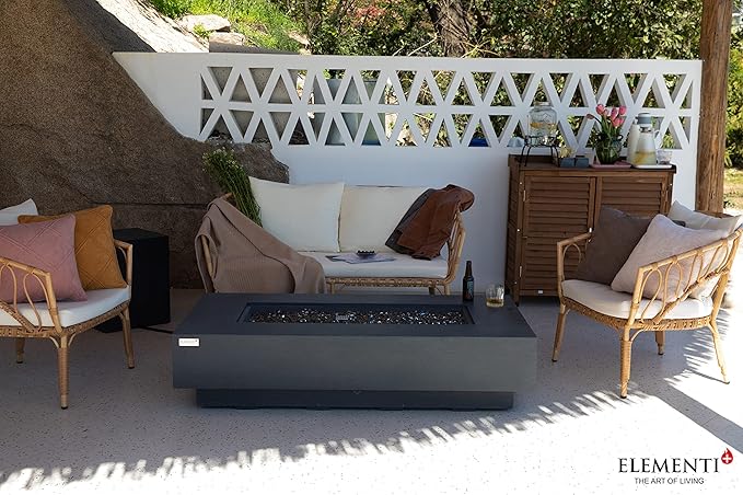 Elementi+ | Positano Gas Fire Pit Cast Concrete 60" Rectangular Fire Table, Outdoor Fire Pit Electronic Ignition | Canvas Cover, Fire Glass and Burner Lid Included | Dark Gray | Propane Gas