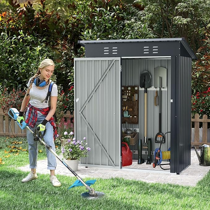 Goplus 5 x 3 FT Outdoor Storage Shed, Galvanized Metal Tool House w/Sloped Roof, 2 Vents, Lockable Door, Waterproof & Windproof Utility Tool Organizer for Garden, Backyard, Lawn, Patio, Gray