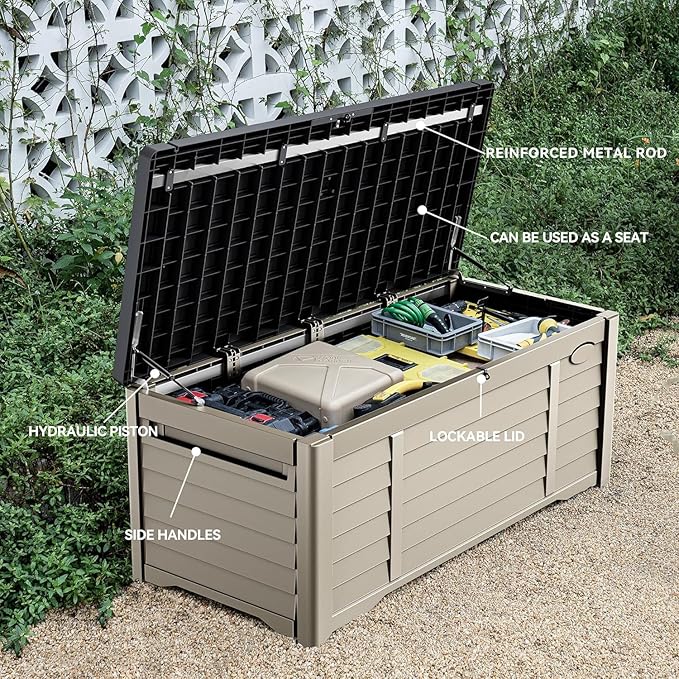 DWVO Large Deck Box 120 Gallon Waterproof Outdoor Storage Box, Extra Large Outdoor Bin, Resin Louvered Patio Storage for Pillows, Garden Tools & Pool Supplies, Lockable, Black&Brown