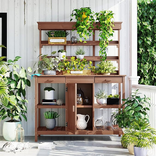 66" Outdoor Potting Bench Workstation - Farmhouse Style Wooden Garden Table with Drawers, Cabinet & Open Shelves (Brown + Solid Wood + originalwood)