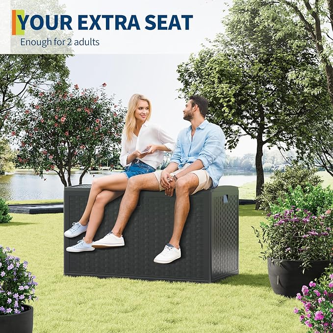 120 Gallon Outdoor Waterproof Storage Box Lockable Outdoor Storage Boxes Deck Storage Boxes for Package Delivery Deck Boxes for Patio Furniture, Garden, Tools - Rattan Black