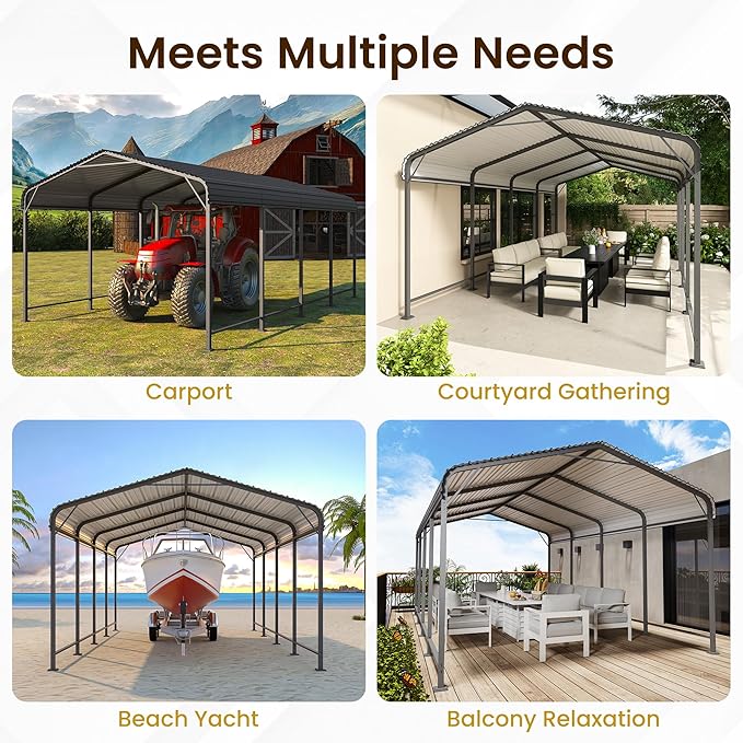 Metal Carport 12x20FT, Heavy Duty Carport Canopy with Galvanized Steel Roof, 40% Thicker Frame Metal Garage with Reinforced Base, All-Weather Outdoor Storage Car Port for Car, Camping