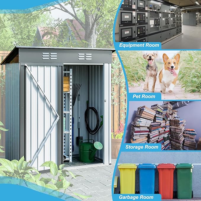 Outdoor Storage Shed, 5x3 FT Galvanized Steel Metal Shed, Lockable Waterproof Tool Storage Sheds for Garden, Patio, Lawn – Durable Storage Solution in Multiple Sizes