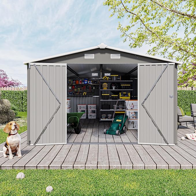 10x14 FT Outdoor Storage Shed, Large Metal Garden Shed with Side Door, Outside Tool Sheds with 3 Lockable Hinged Doors, Waterproof Storage Building with 4 Air Vents for Backyard, Patio, Light Gray