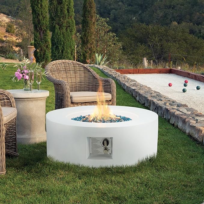 ECOTOUGE Round Gas Fire Pit, 30 Inch Outdoor Propane Firepit Table, Steel Fire Table w/50,000 BTU Auto-Ignition, Weather-Resistant Pit Cover, Lava Rocks, No Tank Holder, White