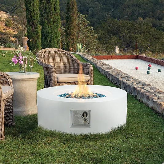 ECOTOUGE Round Gas Fire Pit, 30 Inch Outdoor Propane Firepit Table, Steel Fire Table w/50,000 BTU Auto-Ignition, Weather-Resistant Pit Cover, Lava Rocks, No Tank Holder, White