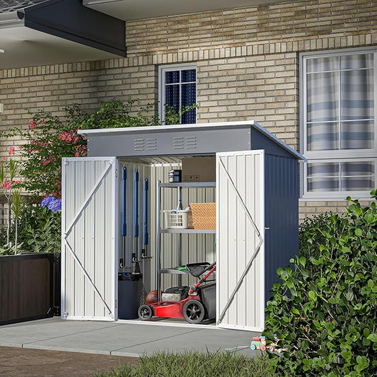 10X8 FT Outdoor Storage Shed, All Weather Metal Sheds with Lockable Doors, Tool Shed for Garden, Patio, Backyard, Lawn (Grey with Floor Frame, 6x4 ft)