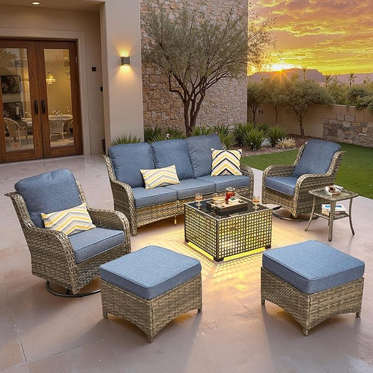 ovios 7 Pieces Patio Furniture Set, Outdoor Wicker Sofa Couch with Swivel Chairs Solar Lights Table, All Weather High Back Modern Conversation Sets, Grey Rattan, Denim Blue