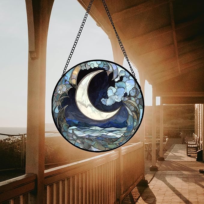 Stained Glass Window Hanging - Abstract Sea of Clouds Moon Sun Catcher for Door Terrace Garden Home Decor, Gray Blue Suncatcher Birthday Gifts for Lovers Women Men Dad Mom Nana 6.3 in