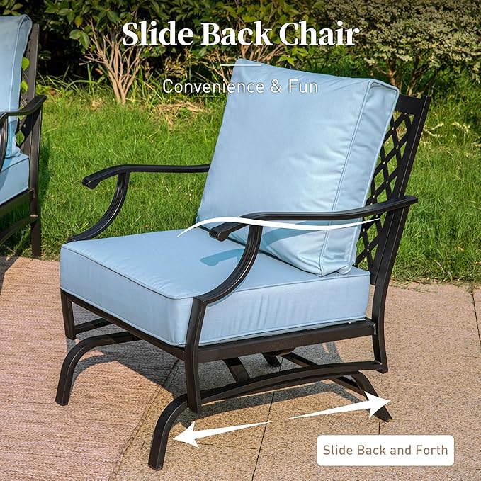 7 Piece Metal Outdoor Patio Furniture Sets, Patio Conversation Sets 1 3-seater Sofa, 2 Fixed Chair, 2 Rocking Chair, 2 Ottomans with 5.75" Thick Cushion, Black Backyard Furniture, Blue