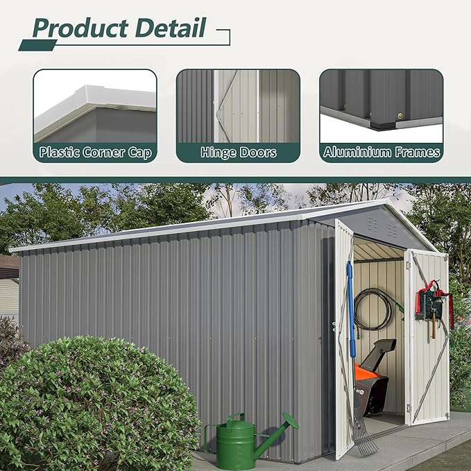 10X8 FT Outdoor Storage Shed, All Weather Metal Sheds with Lockable Doors, Tool Shed for Garden, Patio, Backyard, Lawn (Grey, 10x10ft)