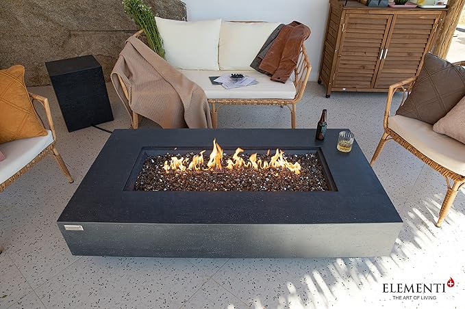 Elementi+ | Positano Gas Fire Pit Cast Concrete 60" Rectangular Fire Table, Outdoor Fire Pit Electronic Ignition | Canvas Cover, Fire Glass and Burner Lid Included | Dark Gray | Propane Gas