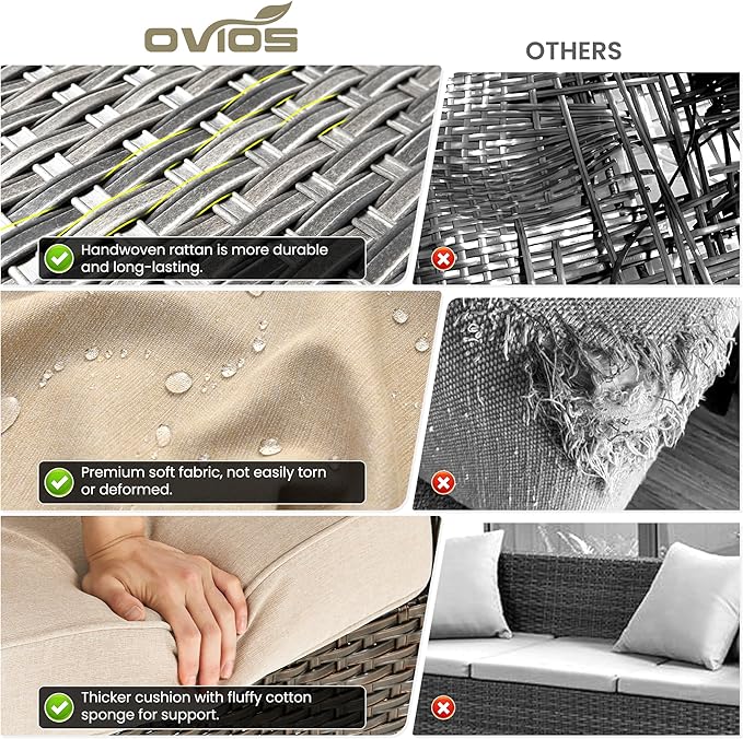 ovios 9 Pieces Patio Furniture Set, Outdoor Wicker Sofa Couch with Swivel Chairs Ottomans Comfy Cushions, All Weather High Back Modern Conversation Sets, Brown Rattan, Beige