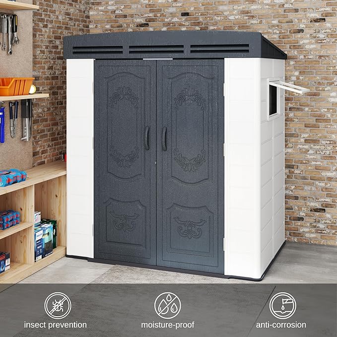 6x4FT HDPE Resin Outdoor Storage Shed with Sloped Roof, Injection Molded Plastic Lean to Garden Tool Shed, All Weather Resistant, Lockable Double Doors & Ventilation for Backyard Patio