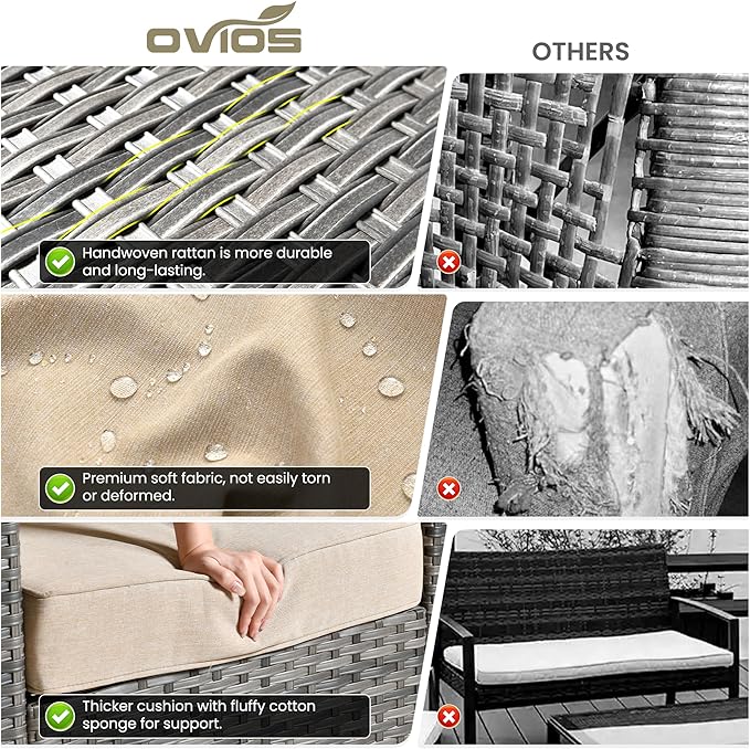 ovios Patio Furniture Set, 7 Pieces Outdoor Wicker Sofa Couch with 4 Chairs, Ottomans and Comfy Cushions, All Weather High Back Rattan Conversation Set, Beige
