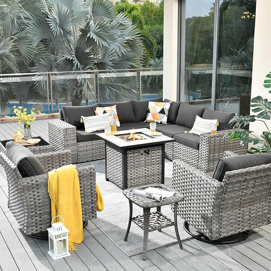 HOOOWOOO 10 Piece Modular Patio Outdoor Sectional Furniture Set with Gas Propane Fire Pit Table,Wicker Conversation Sofa Set with Swivel Chairs,Outside Couch Set(Black)