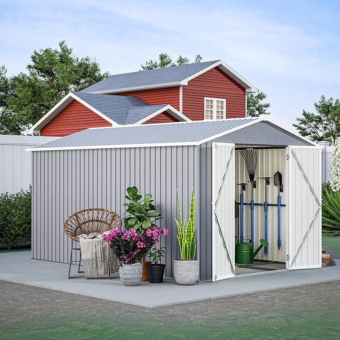 8×12 FT Storage Shed with 1 Lockable Door and Vents,Metal Aluminum Waterproof Tool Sheds,Heavy-Duty Sheds Unit W/Floor Frame,Lock & Key,Garden Shed for Storing Bicycles,Barbeques,Gray