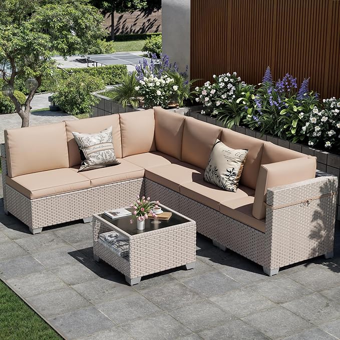 7 Pieces Patio Furniture Set, Outdoor Sectional Wicker Sofa with Thick Cushions and Storage Coffee Table, Rattan Patio Conversation Sets for Deck Yard Poolside, Khaki