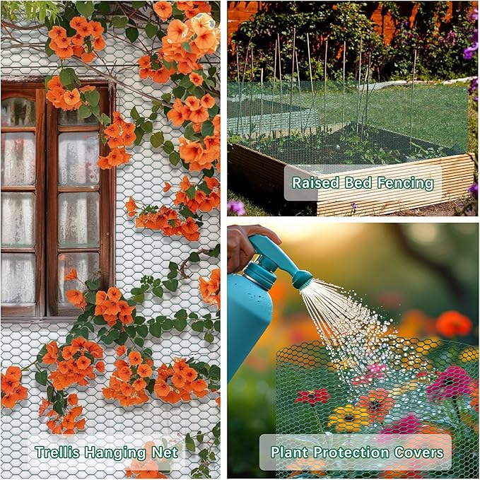 16.4Ft x16In Chicken Wire for Floral Arrangements - Free-Cut Green Metal Mesh with Hexagonal Galvanized PVC Coated Netting Guard Fence for Poultry, Garden, Plant