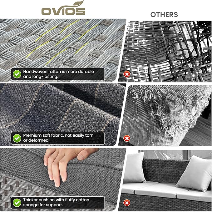 ovios 13 Pieces Patio Furniture Set, Outdoor Wicker Sectional Sofa with 54 Inch Fire Pit Table Comfy Cushions, Modern Modular Deep Seat Rattan Couch Conversation Set, Dark Gray Stripe