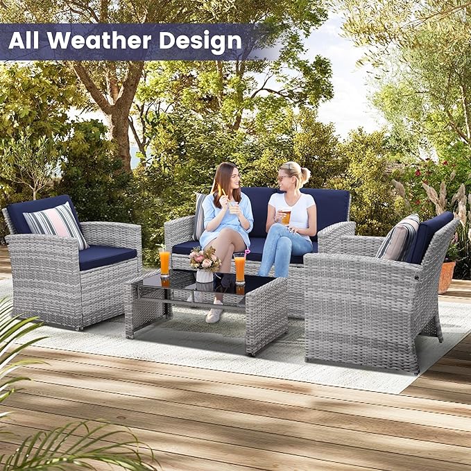 4 Pieces Patio Conversation Set, Outside Rattan Sectional Sofa, Cushioned Furniture Set, Wicker Sofa Ideal for Garden, Porch, Backyard, Grey Color Rattan and Blue Cushion
