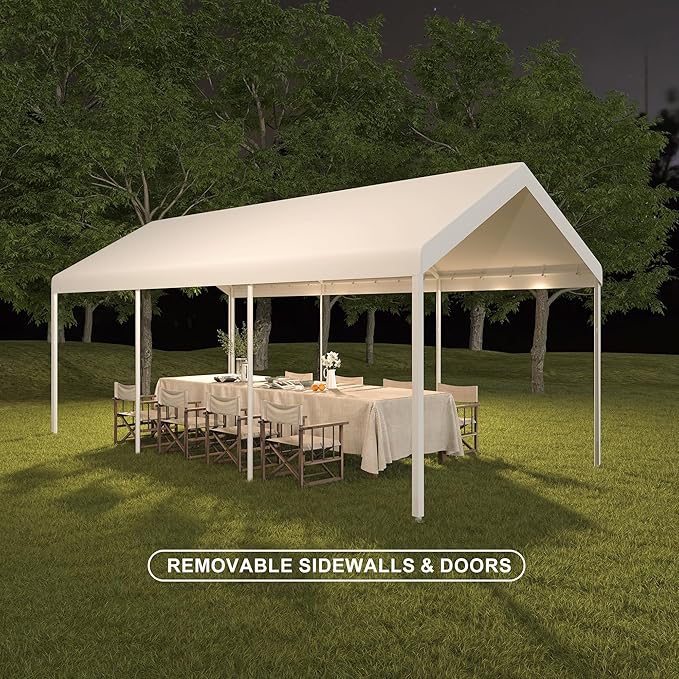 Carport, 12x20 ft White Heavy Duty Carport with Roll-up Windows, Portable Garage with Removable Sidewalls & Doors, Car Canopy and All-Season Tarp for Car Boat Truck Motorcycle