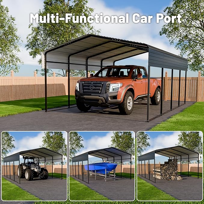 Metal Carport 10 * 15 FT Heavy Duty Carport Canopy with Galvanized Steel Roof Multi-Use Shelter Outdoor Portable Garage for Car, Boat, Pickup and Tractor
