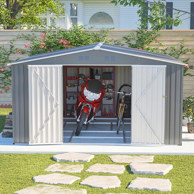 12x14FT Outdoor Storage Shed Metal Shed W/Floor Frame,Garden Tool House W/ 4 Air Vents,Lockable Double Doors & Sloped Roof,for Patio,Lawn,Backyard,Light Gray