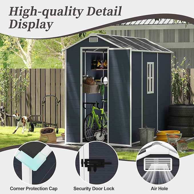 Resin Storage Shed 8x4ft, Outdoor Tool Shed with Floor, Window, Lockable Doors and Vents, 12mm Thick pp Board, Storage Sheds for Patio, Garden, Backyard, Lawn (Dark Gray, 4 * 8ft)
