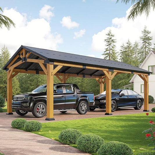 Jocisland 12x24x9.5 FT Cedar Wood Hardtop Carport with Steel Roof, Waterproof Outdoor Gazebo Pavilion, Heavy-Duty Snow & Wind Resistant Canopy for Patio, Driveway, Garden
