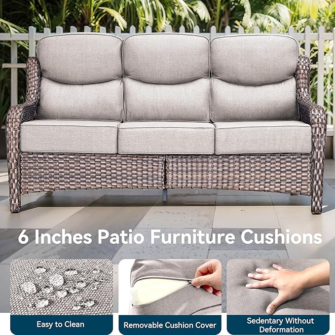 Luxury High Back Outdoor Furniture with 6-Inch Thick Cushions, Patio Furniture Set with Swivel Chairs, 6 PCS Wicker Conversation Set for Porch, Balcony, Deck and Yard