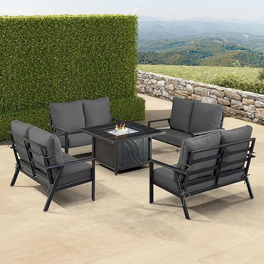 Oakland Living Black Aluminum Patio Fire Table Set with Four Deep Seating Loveseats with Cushions with Black Cushions