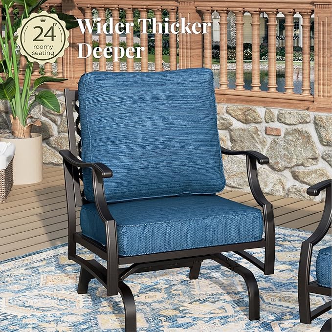 Patio Furniture Set, 6 Pcs Metal Outdoor Conversation Set, 2 Rocker Chairs, 2 Ottomans and 3 Seater Sofa with 5.75" Extra Thick Cushion and Gas Fire Pit Table, Gemstone Blue