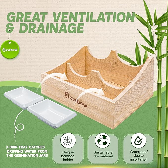 [Premium] Seed Sprouting Jar Kit with Bamboo Holder, 2 PCS Mason Jars, Drain Tray, Screen Lids, Blackout Sleeves, Good Ventilation & Drainage Capacity, Growing Fresh Organic Mung Beans & Microgreens