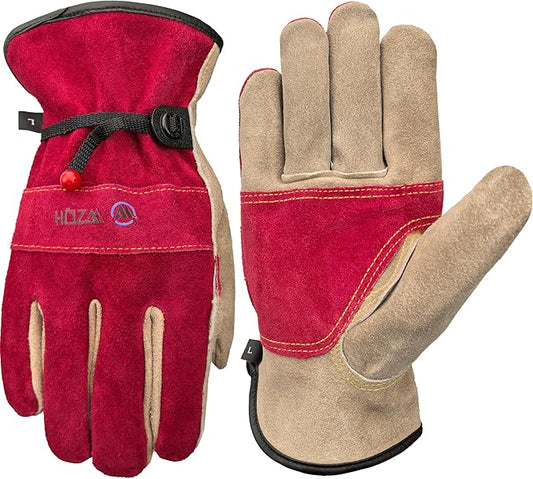 Leather Work Gloves for Women. X-Large Glove for Gardening, Tig/Mig Welding, Construction, Chainsaw, Farm, Ranch, etc. Cowhide, Cotton Lined, Utility, Firm Grip, Durable. Rose Red - Grey XL