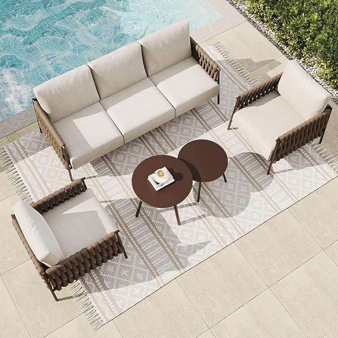 EAST OAK 5-Piece Patio Furniture Set | Life Chatter 5-Seat Outdoor Furniture | Deep Seating & Two Coffee Tables | Waterproof Extra-Thick Cushions | Porch, Balcony & Backyard | Apricot