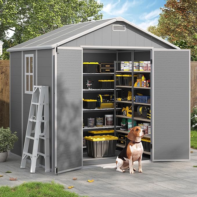 Outdoor Storage Shed, 8x6 FT Resin Shed with Floor and Lockable Door, Window & Vents, Tool Sheds & Outdoor Storage for Bike, Garden Accessories, Tools, Waterproof Grey White