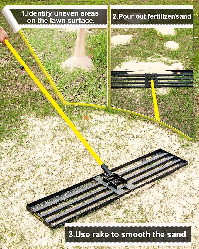 Lawn Leveling Rake, 45"x10" Heavy Duty Sand Leveling Tool with 7FT Long Handle, Steel Golf Rake for Soil, Compost, Gravel, Lawn Leveler for Yard, Garden, Golf Course, Landscaping Level Tool