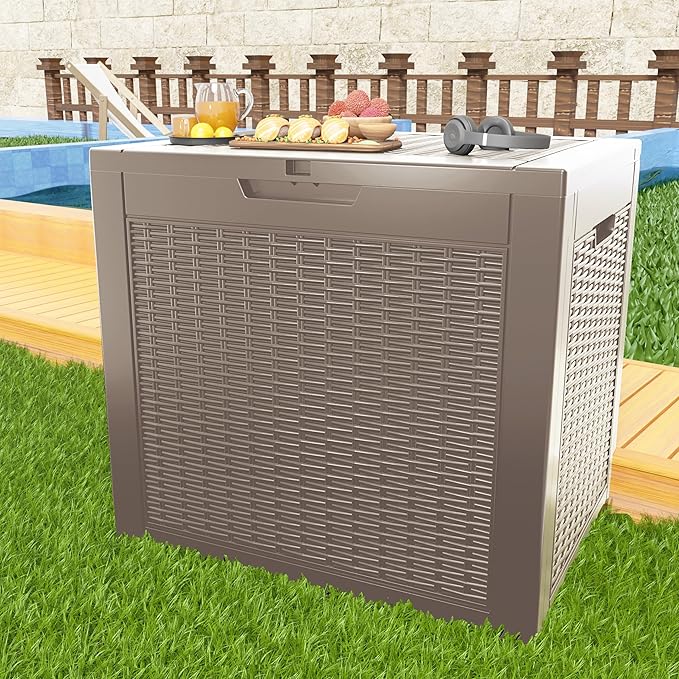 37 Gallon Outdoor Deck Box,Storage Lockable Waterproof Patio Furniture,Garden Tools,Cushions,Pool Accessories Outside Storage Resin Box(Grey)