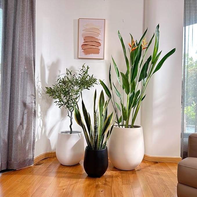 21" H x 19" D Corso Fiberstone Round Tapered Planter with Drainage Hole, Smooth Finishes, for Indoor and Outdoor Use, Included 2 Extra Coco Mats (White, 15" Pot Opening)
