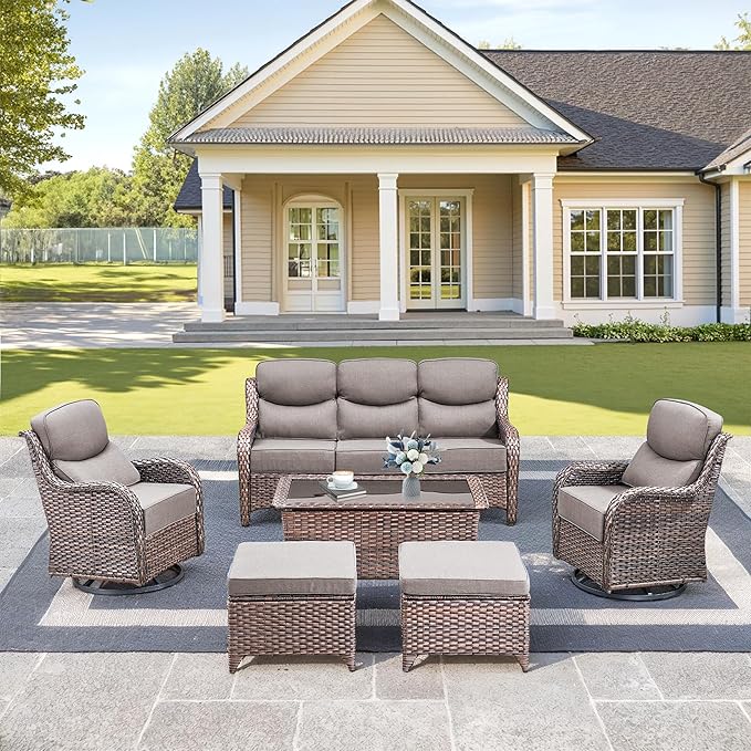 Luxury High Back Outdoor Furniture with 6-Inch Thick Cushions, Patio Furniture Set with Swivel Chairs, 6 PCS Wicker Conversation Set for Porch, Balcony, Deck and Yard