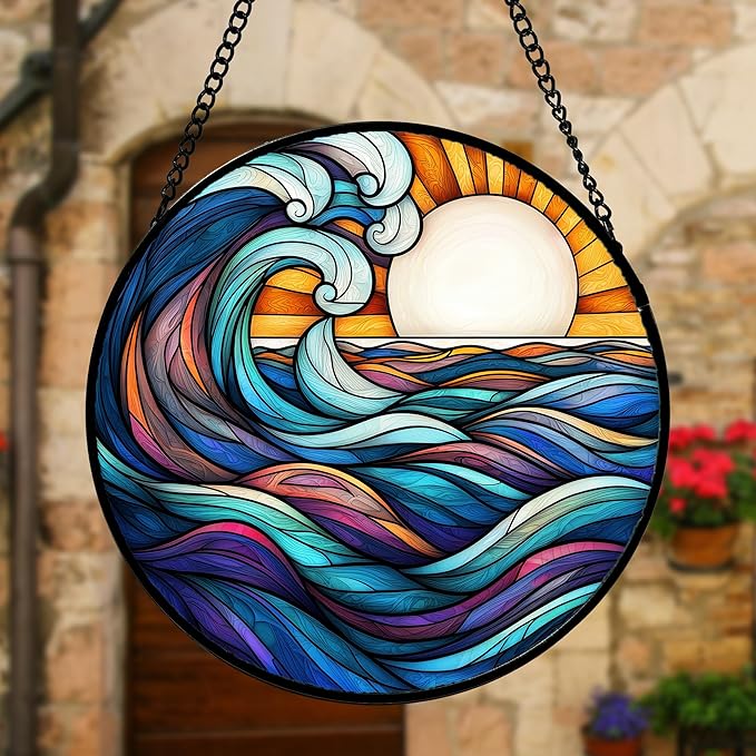 Stained Glass Window Hanging, Big Wave Sun Suncatcher Diamond Glass Panel Hangings Abstract Sun Catchers Decor for Birthday for Women, Men, Wife, Aunt, and Mom 7.8 in