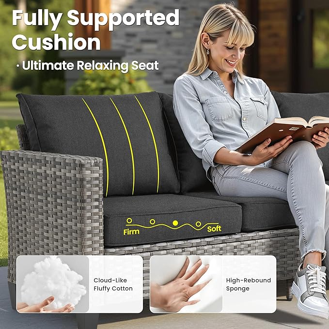 ovios Patio Furniture Set, 6 Pieces Outdoor Wicker Sofa Couch with Loveseat, Ottomans and Comfy Cushions, All Weather High Back Rattan Conversation Set, Black