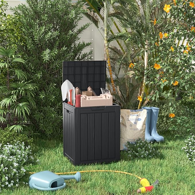 28 Gallon Outdoor Storage Box – Resin Deck Box with Lockable Lid, Waterproof Patio Furniture Storage for Tools, Garden & Yard Organization