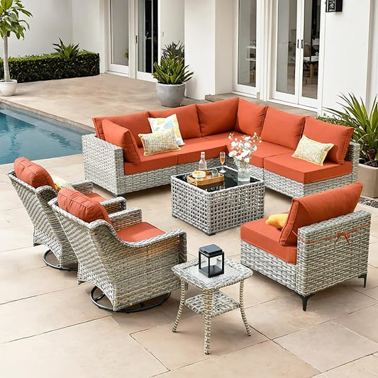 HOOOWOOO Outdoor Patio Furniture Set,10 Pieces Wicker Out Door Sectional Furniture L Shaped Couch,Patio Conversation Sets with Swivel Rocking Chair LED Table,Orange Red