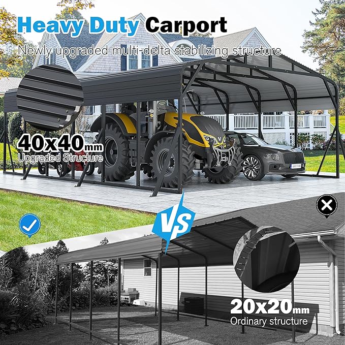 Carport Canopy 20’X30’ Heavy Duty Car Port Galvanized Steel Roof, Reinforced Stable Triangle Frame for Snowy Windy Metal Carports Enhanced Base Car Tent for Car,RV,Pickup,Boat,Truck,Tractor