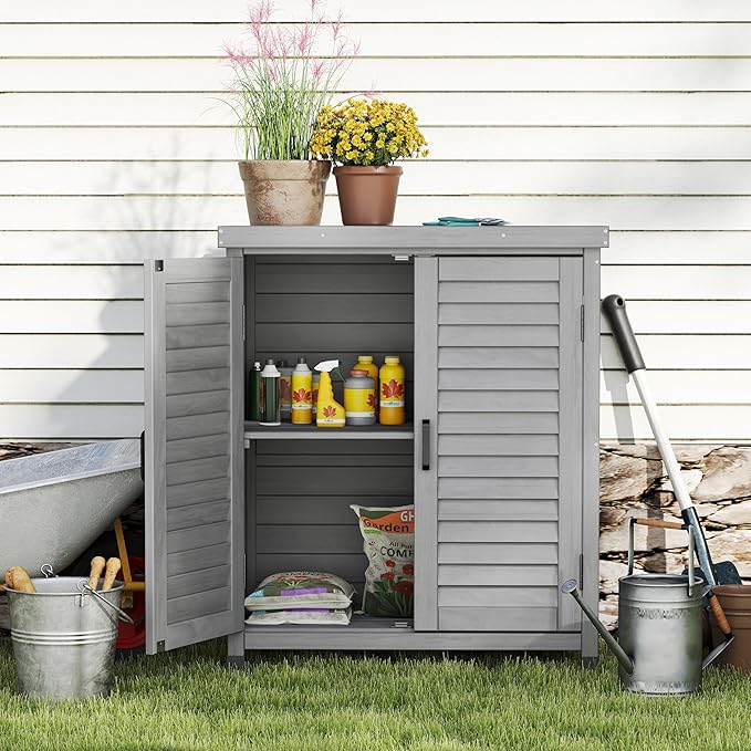 Potting Bench with Storage Cabinet and Metal Table Top for Outdoor Patio, Garden Furniture Wood Workstation (Accent Grey, 31x17x36)